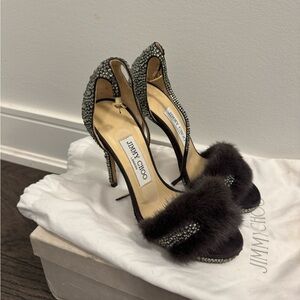 Jimmy Choo Mink Fur Crystal Stiletto Sandals – Black, Evening Heels